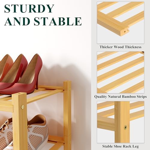 Smiry Bamboo Shoe Rack, 8 Vertical Slats, 3 Tier - 17.3" Wide, Natural