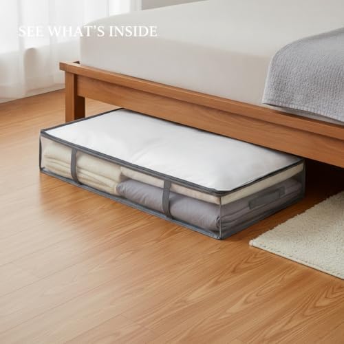 Under Bed Storage Bag with Clear Window, Gray Nylon Organizer for Seasonal Clothes and Bedding, Low-Profile Design (1 PC)