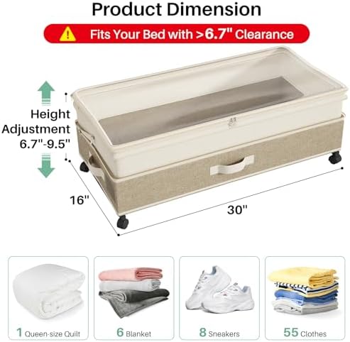Kitstorack 2Pack Height-adjustable Under Bed Storage with Wheels, Under Bed Storage Containers,Under Bed Shoe Storage Organizer with Clear Window&Label, Suitable for Clothes Storage, Beige & Linen