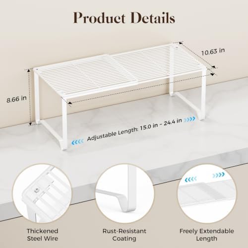 Extendable Metal Wire Shelf Organizer - Adjustable 15-24.4in Length, Stackable Storage Rack for Kitchen/Pantry/Bathroom/Shoe Cabinet/Tool Closet (1, White)
