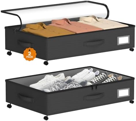 Under Bed Storage with Wheels 2-Pack, Under Bed Storage Containers, Underbed Box with Clear Lids, Rolling Underbed Storage bins for Shoes, Clothes, Blankets (25" L x 16.2" W x 5.5" H)