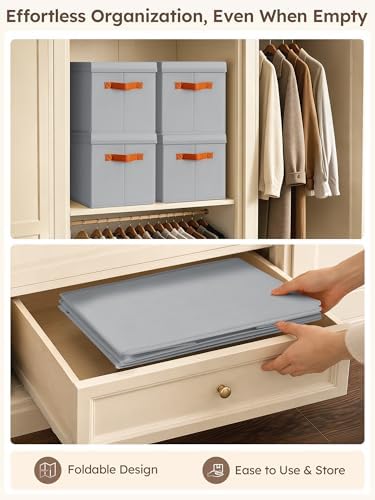 Homsorout Storage Bins with Lids - Fabric Storage Baskets for Shelves, 4 Pack Foldable Decorative Boxes with Handles, Stackable Organizer Bins for Home, Nursery, Dorm, Grey