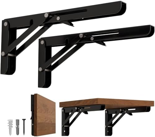 LEOPO 10 Inch Folding Shelf Brackets, 2 Pack Foldable Shelf Supports | Heavy Duty Triangle Wall Mounted Collapsible Brackets for Fold Down Table, Space Saving for Bench Table with Screws, Black