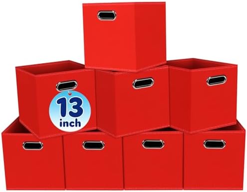 Fabric Cubby Storage Bins,13x13x13 Inches,Cube Organizer Bin Foldable Storage Boxes with Dual Handles Fabric Organizer Box and collapsible Storage basket,Set of 8,Red