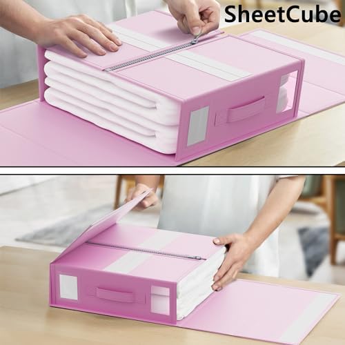 SUOCO SheetCube Bed Sheet Organizers and Storage 6 Pack, Foldable Linen Closet Organizer with Window and Label, Bedding Folder Storage Box Container for Blanket, Duvet Cover Set, Bed Sheet Set - Pink