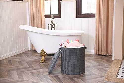 16x18 Inch Extra Large Round Cotton Rope Storage Basket with Lid, Decorative Woven Bin with Cover for Living Room Bedroom Closet, Dark Grey