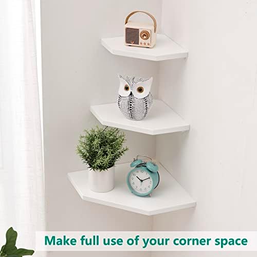 Corner Wall Shelf, Solid Oak Wood White Floating Corner Shelf Organizer with Wire Hole Small Plant Display for Kitchen Living Room Bedroom
