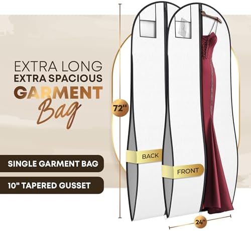 72" Tapered Long Dress Bags for Gowns - Wedding Dress Garment Bag for Dresses - Long Garment Bags for Hanging Clothes & Closet Storage, Dress Bag for Airplane