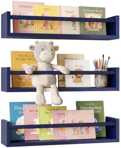 Fixwal Floating Nursery Book Shelves for Wall, 16.5in, Set of 3, Navy Blue | Solid wood shelves store kids' books, toys and clothing. Fits kids' room, playroom, nursery, living room, bedroom & bathroom.