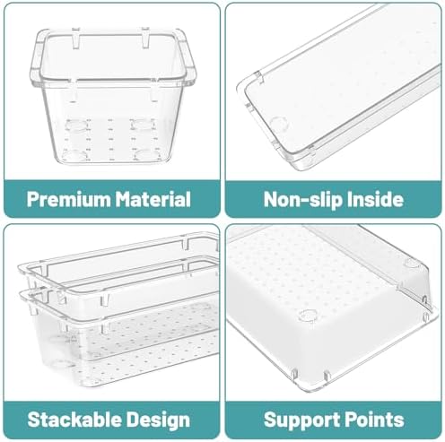 WOWBOX 8 PCS Clear Plastic Drawer Organizer Set, 4 Sizes Desk Drawer Organization and Storage Containers for Makeup, Cosmetics, Jewelry and Gadgets in Kitchen, Bathroom, Bedroom, Office, Clear