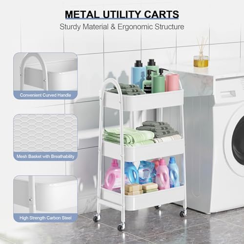 EAGMAK 3 Tier Utility Rolling Cart, Metal Storage Cart with Handle and Lockable Wheels, Multifunctional Storage Organizer Trolley with Mesh Baskets for Kitchen, Living Room, Office, Garage (White)