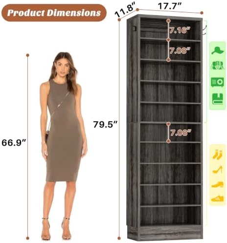 Aheaplus 10 Tiers Narrow Wood Shoe Rack, Tall Shoe Storage Cabinet, Black