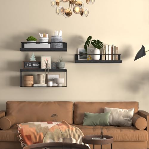 PopiShelves Bathroom Shelves Over Toilet for Wall, Floating Shelves with Storage Basket Paper Holer for Kitchen Living Room, Bedroom & Classroom, Set of 3 (Black)