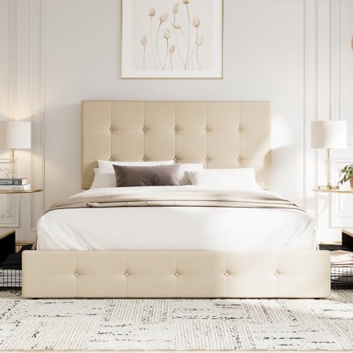 Allewie Full Size Storage Bed Frame with 4 Underbed Drawers, Beige