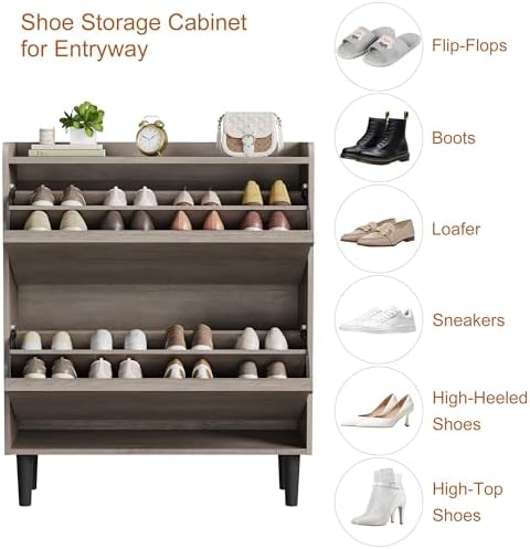GarveeHome Shoe Cabinet with 2 Flip Drawers, Wooden Shoe Organizer Cabinet with Adjustable Shelf, Shoe Storage for Entryway, Hidden Shoe Cabinet for Hallway, Living Room, Grey
