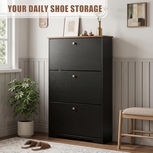 Nicetree Shoe Cabinet, 3 Flip Drawers Slim Black Walnut Top Entry Storage