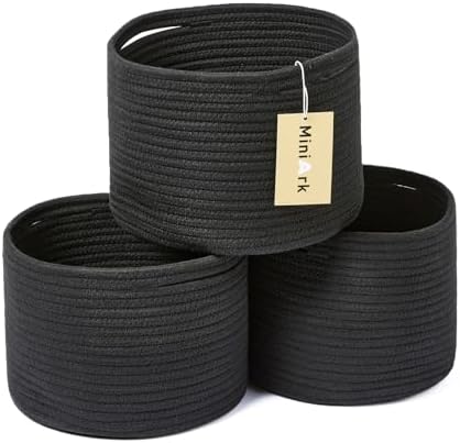MiniArk Small Basket for Organizing | Cube Shelf Closet Storage Baskets | 9.7×9.7×7.1” | Woven Rope Gift Basket | Nursery | Round 3 Packs Black