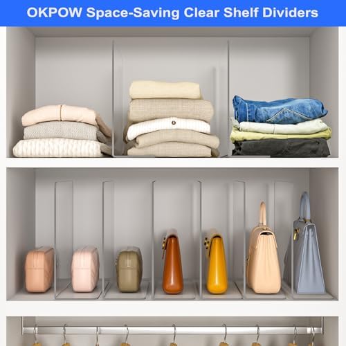OKPOW Shelf Dividers Closet Organizer - 12" Tall X 9" Deep Acrylic Clear Sturdy Separate for Clothes Purse - Adjustable Space Saver Easy Install for Home Organization Enthusiasts 4 Pack