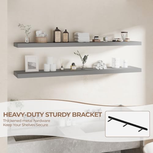 60 Inch Long Floating Shelves for Wall Set of 2, Solid Wood Gray Floating Shelves 10in Depth, 5ft Large Wall Shelf Floating Bookshelf for Office Living Room Bedroom