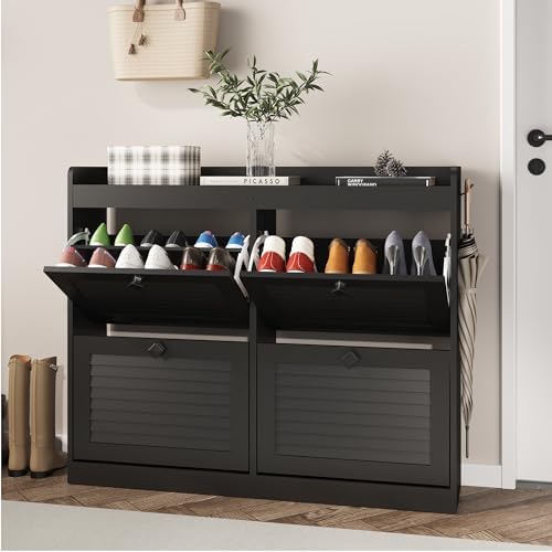 GarveeHome Large Shoe Cabinet with 4 Flip Drawers, Wooden Shoe Cabinet Storage with Adjustable Shelf for Entryway, Freestanding Hidden Shoe Organizer for Hallway, Bedroom, Living Room, Black