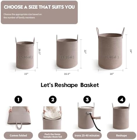 Laundry Basket Hamper Tall Rope Storage Woven for Blanket toys Dirty Clothes in Living Room Bathroom Bedroom (Tan, 80L/21.3Gal)