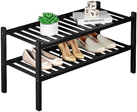 ROMGUAR CRAFT 2 Tier Bamboo Shoe Rack for Closet Free Standing Wood Shoe Shelf for Entryway Small Space Stackable 27"x11"x13" (Black)