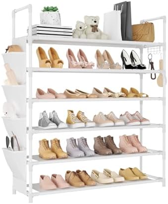 LANTEFUL 6 Tier Shoe Rack Storage for 24-30 Pairs Shoe and Boot, Shoe Organizer with Hook and Side Pocket Free Standing Long Shoe Shelf Tall Shoe Rack Organizer for Closet, Entryway, Dorm, White