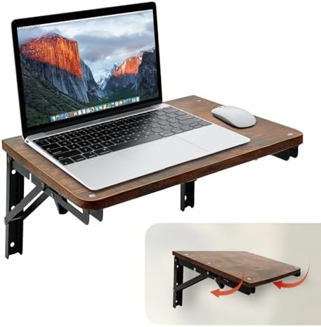 Folding Shelf Wall Mounted, 16.5inches Floating Desk for Small Space | Wooden Fold Down Projector Shelf, 2pcs Heavy-Duty Brackets Holds Up to 55lbs for Bedside, Living Room, Home Office, Kitchen