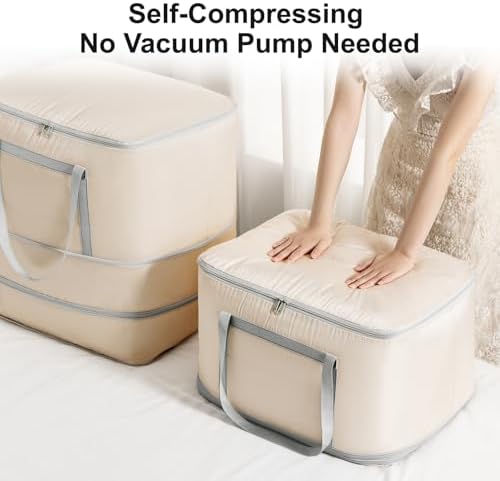 Comforter Storage Bag - 120L Bedding Storage Bags for Closet and Moving, Washable Blanket Storage Bag, Ultra Space Saving Self Compression Organizer, 2-Pack, Beige