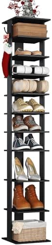 HOMEFORT 10-Tier Vertical Shoe Rack, Corner Shoe Tower, Slim Shoe Organizer with Two Hanging Hooks, Wooden Shoe Storage Stand for Entryway, Hallway, Closet (Black)
