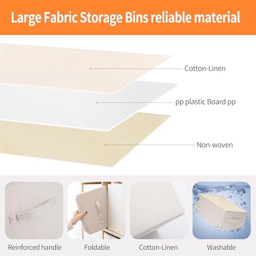 Linen Folding Storage Bins, 3 Pack Large Storage Baskets, Washable, Clothing Storage Bins with Handle, Closet Organizer for Storage Sweater,Sheets (Beige, 16" x9½x6¾)