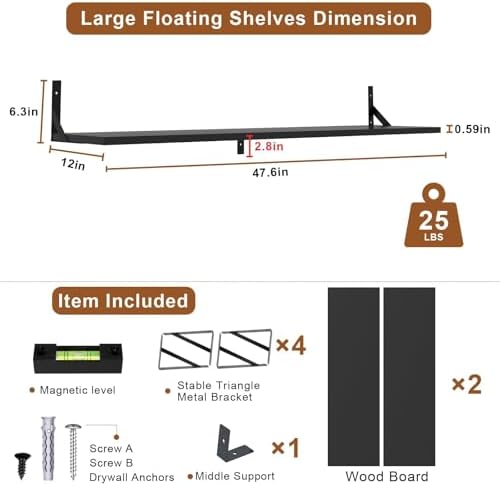 Long Wall Shelves, 48" W x 12" D Large Floating Shelves Set of 2, Wide Display Wood Shelf Wall Mounted with Heavy-Duty Metal Brackets for Bedroom Books, Living Room, Kitchen, Black