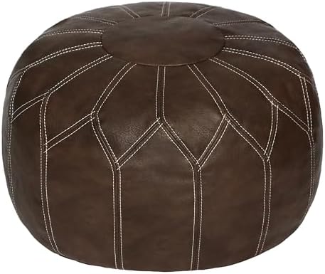 Thgonwid Unstuffed Moroccan Faux Leather Pouf Ottoman Cover with Storage - Boho Chic Multi-Use Footrest for Living Room, Bedroom, Patio - Round Ethnic Floor Cushion & Decorative Accent, Deep Coffee