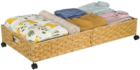 Under Bed Storage with Wheels, 31.5In/40L Large Rolling Underbed Storage Organizer Drawers Bins, Rattan Under the Bed Storage Containers with Handles, Space Saving Design for Clothes,Shoes,Books