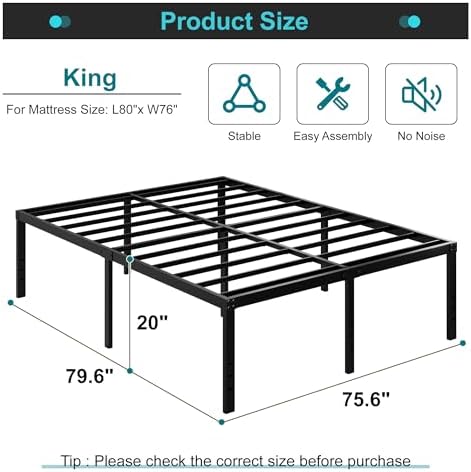 Maenizi 20 Inch King Bed Frame No Box Spring Needed Support Up to 3000 lbs