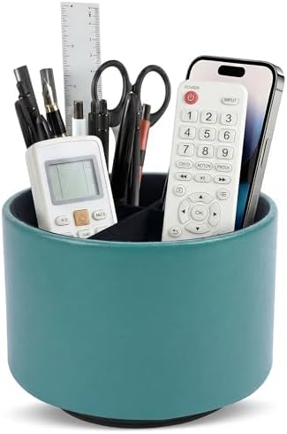 Round Leather Art Supply Organizer,Remote Control Holder,360 Degree Spinning,Multi-Functional Pencil Holder,4 Compartments Desktop Stationary Organizer(1-Sheep Green)
