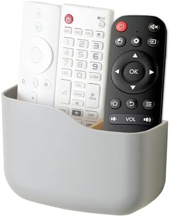 SUNFICON Adhesive Remote Control Holder Universal TV Remote Organizer Caddy Box Tray Wall Mount Media Player Controller Holder Hollow Bottom Slot Easy Phone Charging Home Office Desk Nightstand Gray
