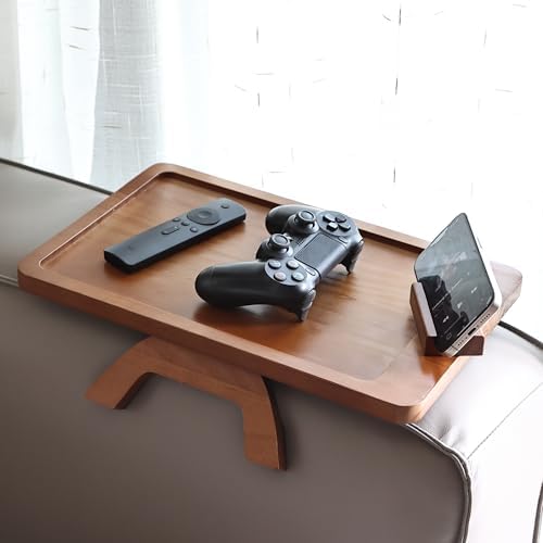 BAMBOO LAND- Couch Arm Tray, Wooden Folding Couch Armrest Table, Rectangular Clip-On Sofa Arm Tray with 360° Rotating Phone Holder