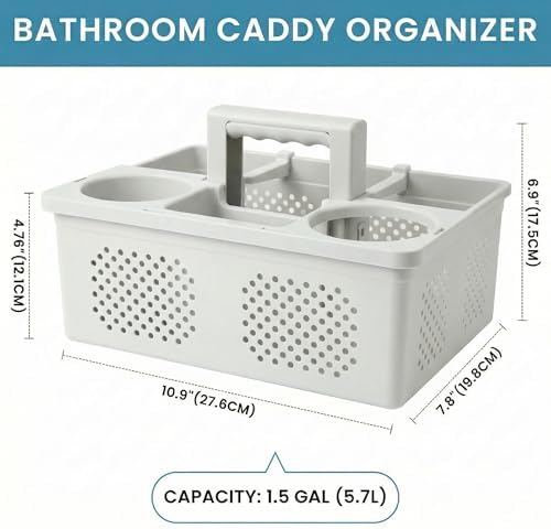 KMV Dorm Room Portable Shower Caddy with Adjustable Compartments - Ventilated Drainage Design with Handles, Perfect Toiletries Organizer for College Dorms-gray