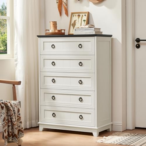 Joaxswe Farmhouse 5 Drawer Dresser for Bedroom, 42" Tall Chest of Drawers | Rustic Wood Dresser with Metal Handle, Storage Organizer Closet for Living Room, Hallway, Entryway, White