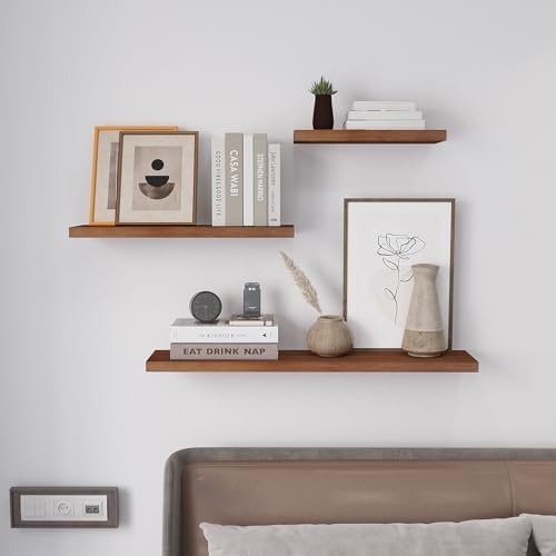 SAUMONIERES Floating Wall Shelves for Bedroom Bathroom Wall Mounted Solid Wood 36 Inches Long Shelf Set of 2, Walnut Floating Shelves
