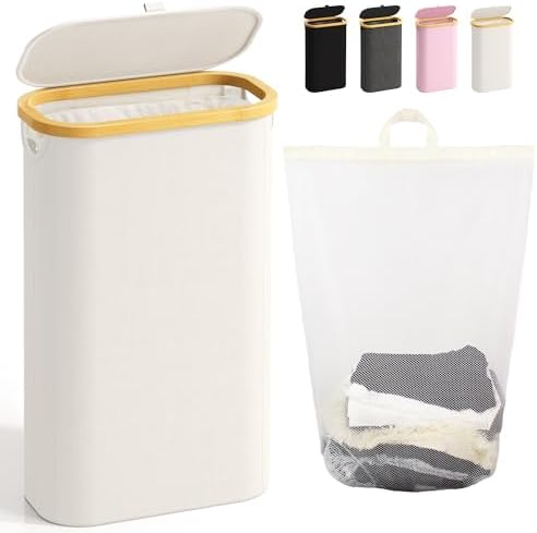 Bathola Slim Laundry Hamper with Lid, 75L Small Laundry Basket, Beige