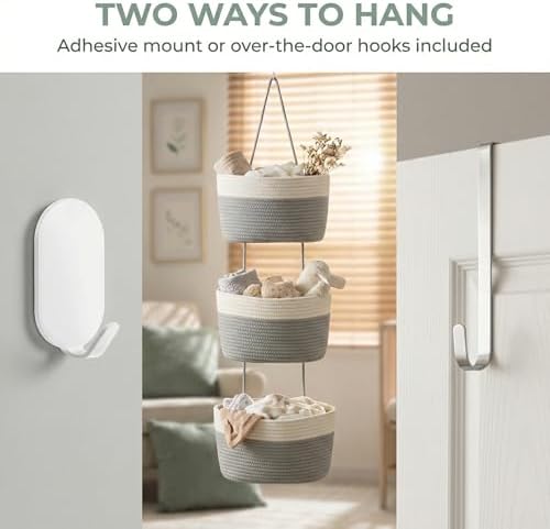 Hanging Basket, Over Door Organizer, 3 -Tier Wall Basket with Hooks