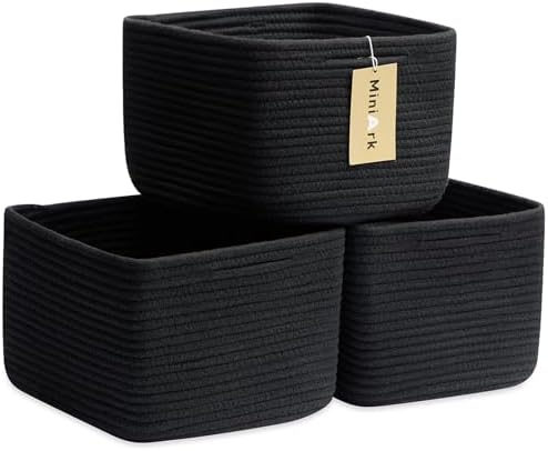 MiniArk Small Organizing Baskets for Cubes Shelf, 9.7x9.7x7.1 Inch Rope Woven Storage Bins for Nursery Shelves Storage, Cute Toy Basket, Square 3 Packs Black