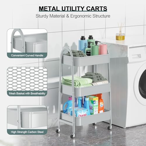 EAGMAK 3 Tier Utility Rolling Cart, Metal Storage Cart with Handle and Lockable Wheels, Multifunctional Storage Organizer Trolley with Mesh Baskets for Kitchen, Living Room, Office, Garage (Grey)