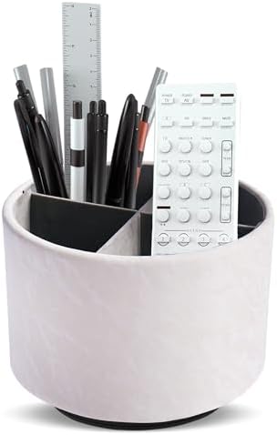 Round Leather Art Supply Organizer,Remote Control Holder,360 Degree Spinning,Multi-Functional Pencil Holder,4 Compartments Desktop Stationary Organizer(1-Hill White)