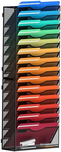 MINDEPOT 15 Tier Wall File Holder Hanging Wall Mount Paper File Organizer for Mails Folders Document Magazine Organization, for Office School Home, Black