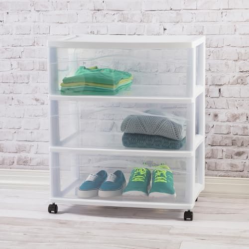 Sterilite Wide 3-Drawer Cart with Wheels for Bedroom and Dresser, 3-Pack