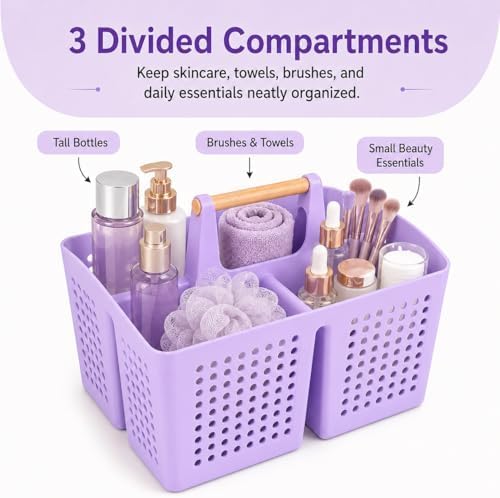 Portable Shower Caddy Basket with 3 Compartments and Handle, Purple | Plastic Divided Beauty Caddy Organizer for Hair Care, Cosmetics, Toiletries, Craft Supplies, Dorms and Vanities