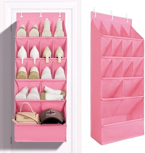 1 Pack Over-the-Door-Shoe-Organizers, Hanging Shoe Organizer Large Pocket | Shoe Holder Hanging Shoe Rack for Closet Shoe Organizer for Wall, Over Door Organizer with 15 Pockets for Boot, Sneaker, Pink